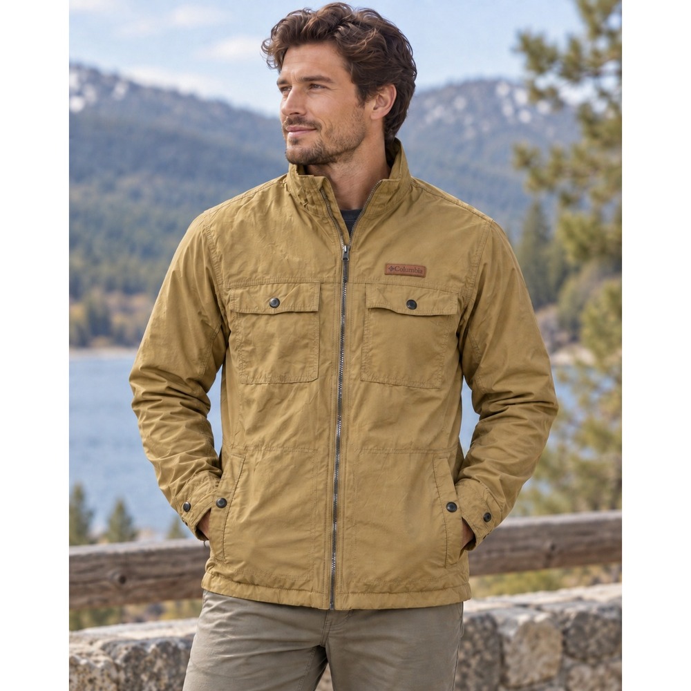 Columbia Mens Flannel Lined Field Jacket Tan Khaki Plaid Full Zip Medium